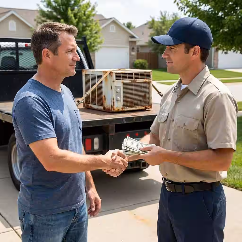 Buyer purchasing broken damaged or non-working air conditioner for spare parts and scrap value with cash payment